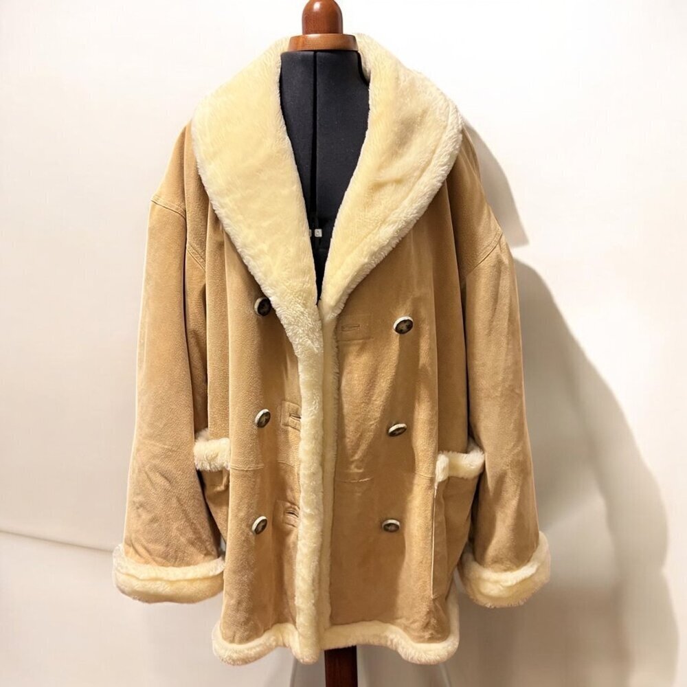Braefair Leather Double-Breasted Faux Fur Coat L - Picture 13 of 14